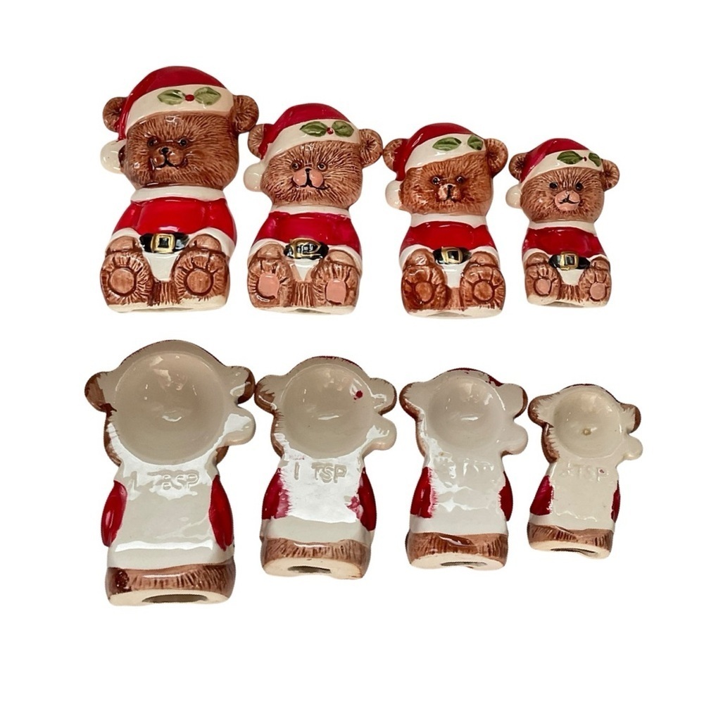 Vintage Measuring Spoons Set Christmas Teddy Bear Ceramic Baking Kitchen Holiday